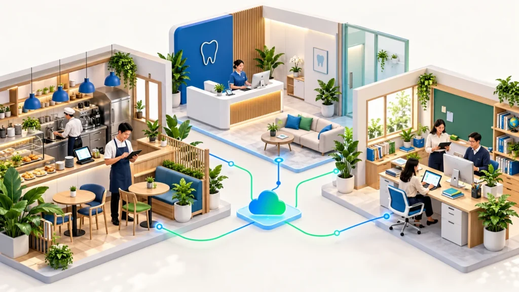 Minh họa ba không gian nhà hàng, tiếp nhận phòng khám nha và văn phòng trường học được kết nối số.