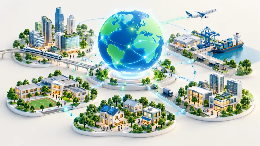 Minh họa địa cầu kết nối với đô thị, trường học, logistics và doanh nghiệp qua mạng dữ liệu.