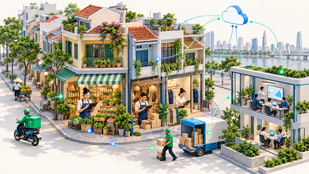 Minh họa các cửa hàng Việt Nam, hoạt động giao nhận và văn phòng cùng kết nối bằng công nghệ số.