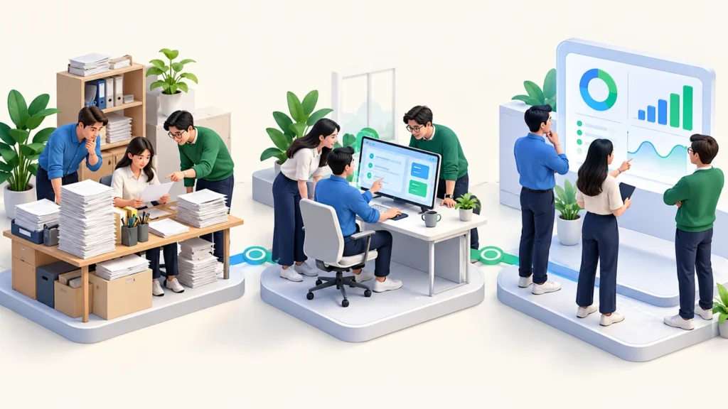 Minh họa nhóm doanh nghiệp qua ba bước: khảo sát hồ sơ, thử quy trình số và đánh giá kết quả.