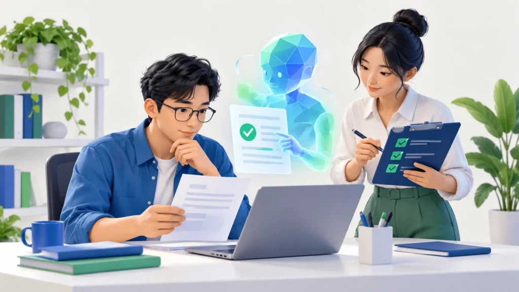 Minh họa hai nhân viên đối chiếu tài liệu và kiểm tra kết quả được một trợ lý AI đề xuất.